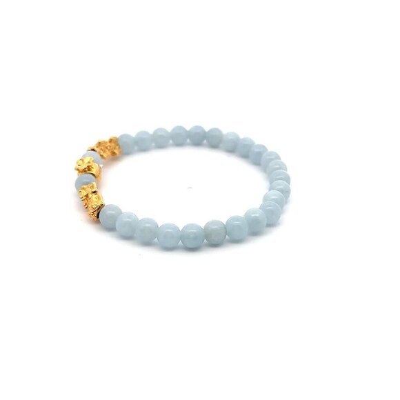 18K Gold Pixiu Piyao Money Bag Charm Bracelet Birthstone Gemstone Aquamarine 6mm - Picture 4 of 4